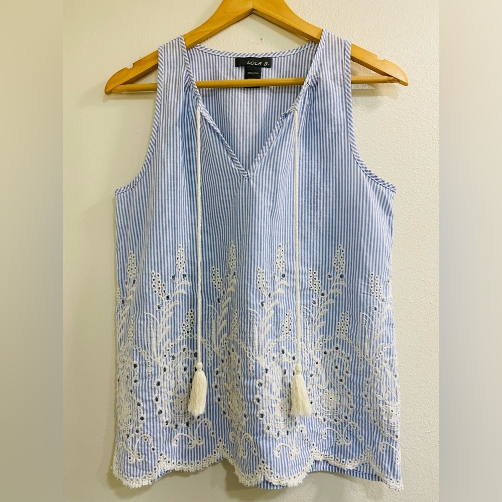 Lola B Light Blue and White Striped Eyelet Embroidered Camisole Small Cotton